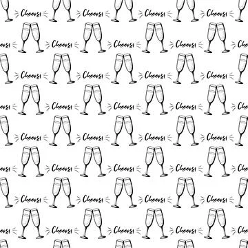 Glasses of champagne seamless doodle pattern. Cheers vector illustration. Stock Illustration
