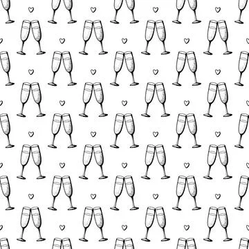 Glasses of champagne seamless doodle pattern. Cheers vector illustration. Stock Illustration