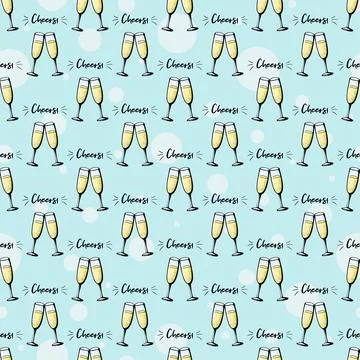 Glasses of champagne seamless doodle pattern. Cheers vector illustration on blue Stock Illustration