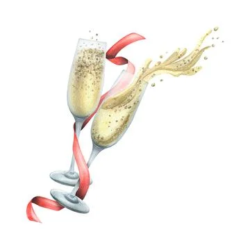 Glasses with champagne, splashes and bubbles with red festive ribbon. Watercolor Stock Illustration