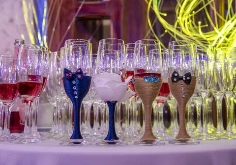 Glasses of champagne on table Stock Photos