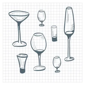 Glasses collection. Set of hand drawn doodle style glasses for alcohol drinks Stock Illustration