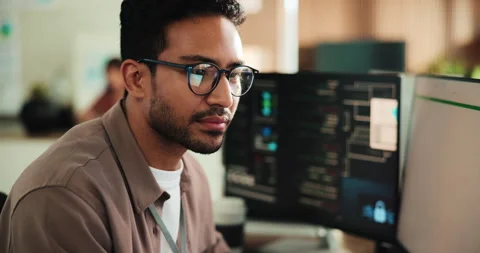 Glasses, computer and programming with business man for cybersecurity, firewall Stock Footage 330076521