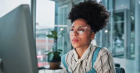 Glasses, computer and reading with business woman in office for web design, UI Stock Footage 310769039