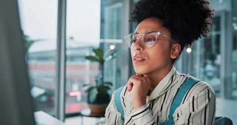 Glasses, computer and thinking with business woman in office for web design, ui Stock Footage 310770119