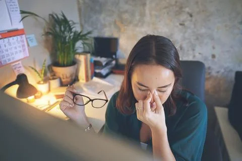 Glasses, computer and woman with stress in office for editing headache, 스톡 사진