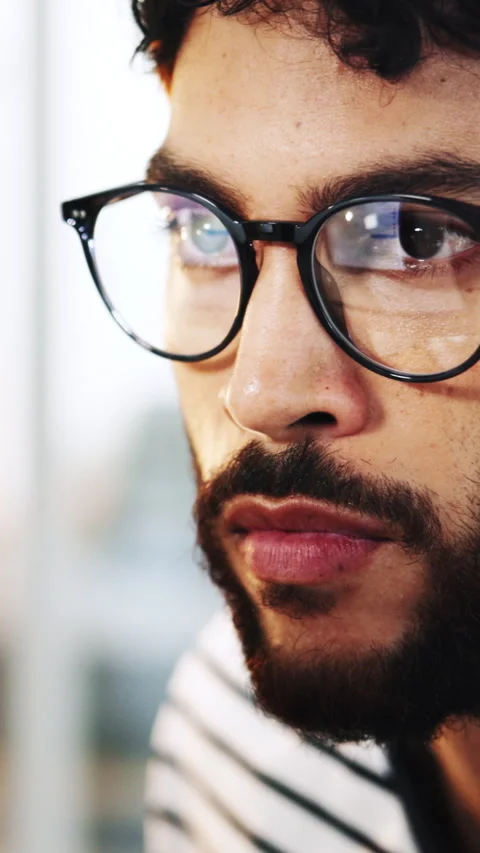 Glasses, creative and man in workplace, reading and research for news report, Stock Footage 333243622