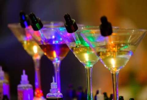 Glasses with different flavors to test Stock Photos