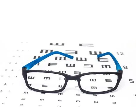 Glasses on a eye sight test chart Stock Photos