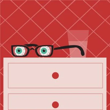 Glasses with eyes lying on the bedside table Stock Illustration