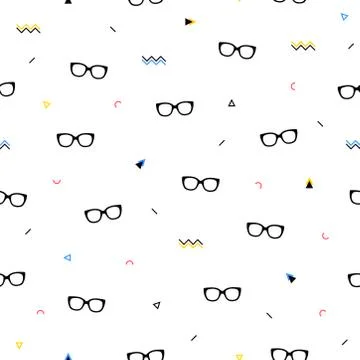 Glasses eyes seamless pattern on white background and geometric shapes in mem Stock Illustration