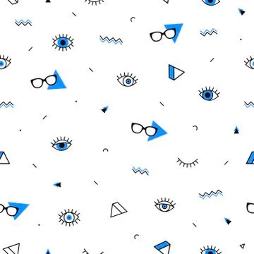 Glasses eyes seamless pattern on white background and geometric shapes in Stock Illustration
