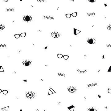 Glasses eyes seamless pattern on white background and geometric shapes in Stock Illustration