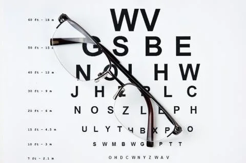 Glasses on eyesight test chart Stock Photos