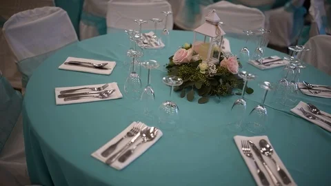 Glasses, flowers, fork,table set for wedding Stock Footage 101726783