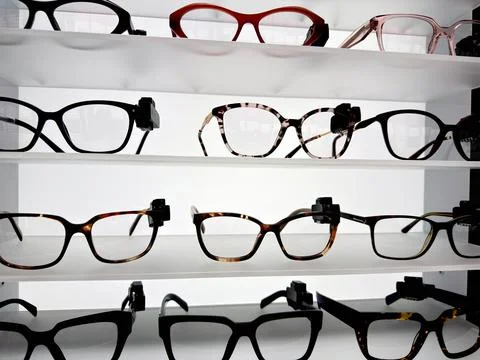 Glasses frames on a shelf in a store Stock Photos