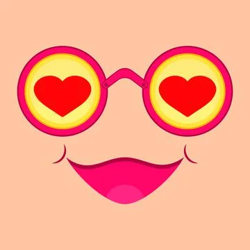 Glasses with hearts on face with a smile. Vector drawing in cartoon style.  Stock Illustration