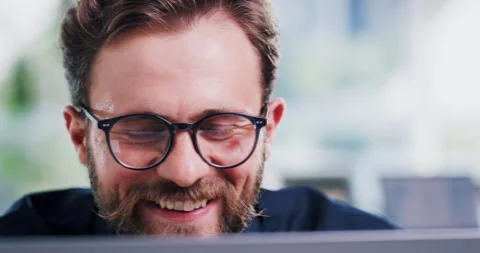 Glasses, laptop and smile of developer man in office for programming, review or Stock Footage 331589158