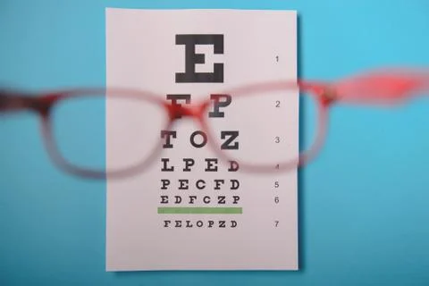 Glasses lying on snellen test chart Stock Photos