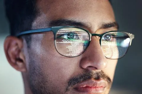 Glasses, man and reflection of programmer on computer working on software, code Stock Photos