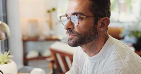 Glasses, man and remote work on computer for finance, online investment or Stock Photos