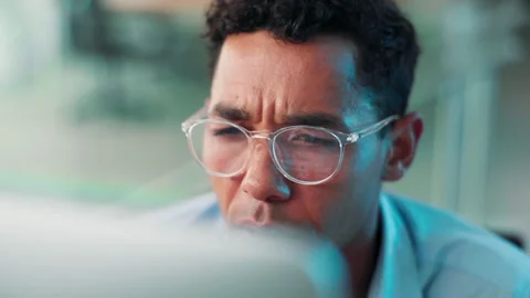 Glasses, man or programmer reading on computer for coding research or Stock Footage 297157787