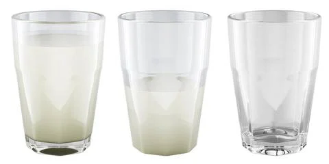 Glasses with milk. Empty, half full and full glass with milk, 3D rendering... Stock Photos