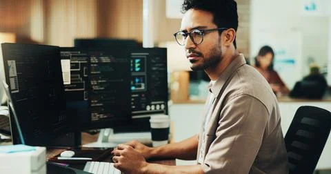 Glasses, programmer and computer with business man in office for web develo.. Stock Photos