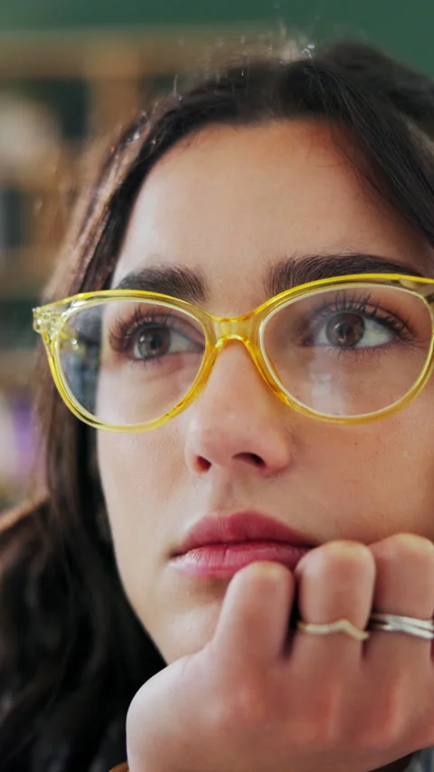 Glasses, reflection and thinking with woman closeup for memories, problem Stock Footage 340450949