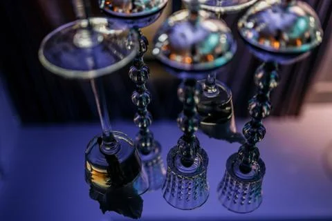 Glasses in reflection on the table 스톡 사진