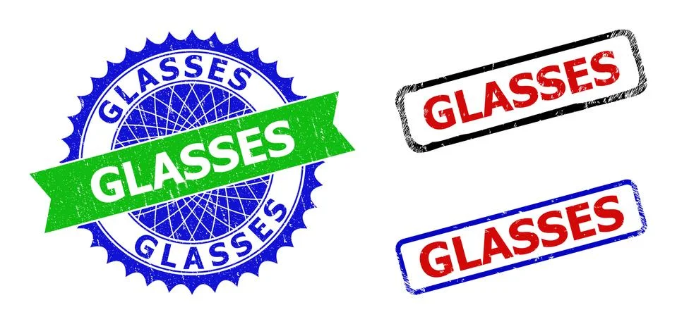 GLASSES Rosette and Rectangle Bicolor Watermarks with Distress Styles Stock Illustration