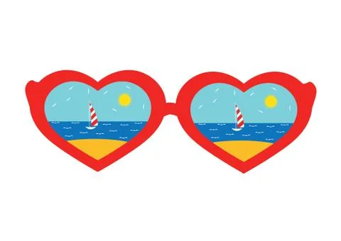 Glasses in the shape of hearts with the reflection of the beach. Stock Illustration