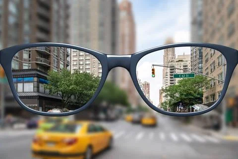 Glasses with sharp and blurred big city 3d illustration of glasses with sh... Stock Photos