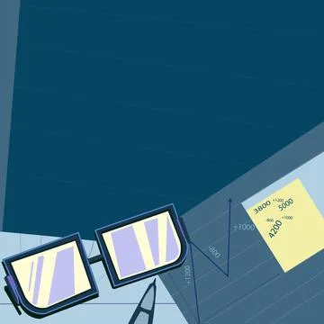 Glasses sitting on desk surrounded with papers consisting charts calculation Illustrazione stock