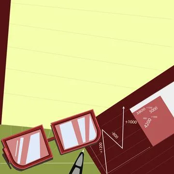 Glasses sitting on desk surrounded with papers consisting charts calculation Illustrazione stock