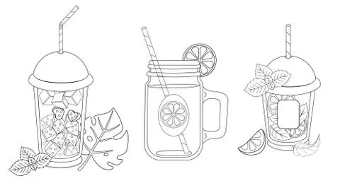 Glasses with summer refreshing drinks - vector linear set for coloring. Outline. Stock Illustration