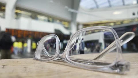 Glasses on a Table with Blurred UK Railway Station Concourse in the Background. 動画素材 338098166