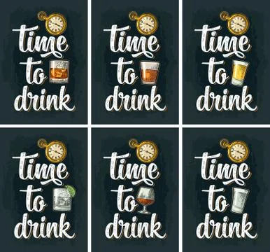 Glasses with tequila, gin, vodka, rum, brandy, whiskey. Antique pocket watch. Stock Illustration