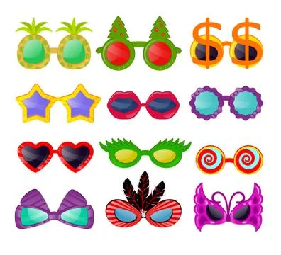 Glasses vector cartoon eyeglasses sunglasses in heart star funny shape for party Stock Illustration