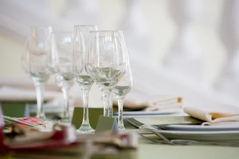 Glasses for vine. Table set for an event party or wedding reception, Stock Photos