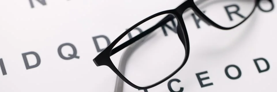 Glasses for vision in black frames lying on test chart closeup Stock Photos