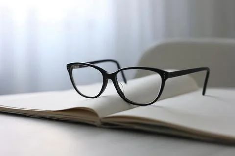Glasses for vision correction on a table in the interior of the room Foto stock