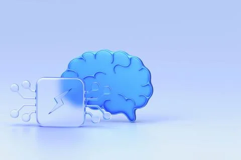Glassmorphism artificial intelligence brain with circuit chip icon set feat.. Stock Illustration