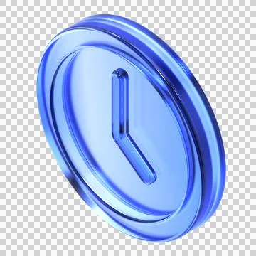 Glassmorphism clock icon in isometric view featuring transparent blue gloss.. Stock Illustration