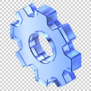 Glassmorphism gear icon in isometric view featuring transparent blue glossy.. Stock Illustration