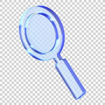 Glassmorphism icon featuring transparent magnifying glass with blue metalli.. Illustrazione stock