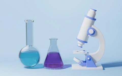 Glassware and microscope with blue background, 3d rendering. Stock Illustration
