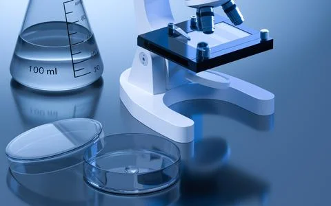 Glassware and microscope in the laboratory, 3d rendering. Stock Illustration
