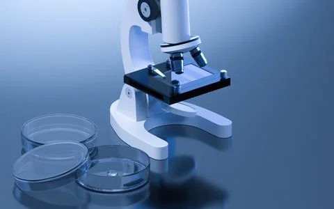 Glassware and microscope in the laboratory, 3d rendering. Stockillustratie
