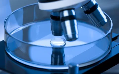 Glassware and microscope in the laboratory, 3d rendering. Illustrazione stock